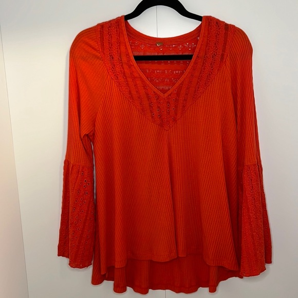 Free People Parisian Nights Bell Eyelet Sleeves Waffle Knit Thermal Top - Picture 3 of 6